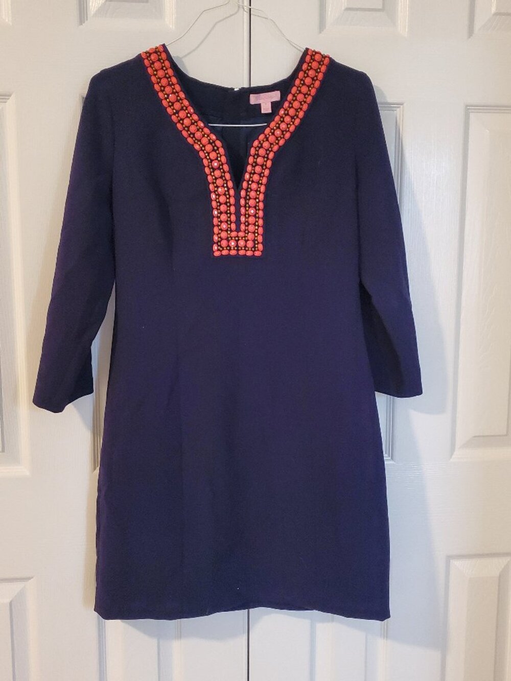Lilly Pulitzer Bennett Shift True Navy Coral Beaded V-Neck Stretch Dress Size 10